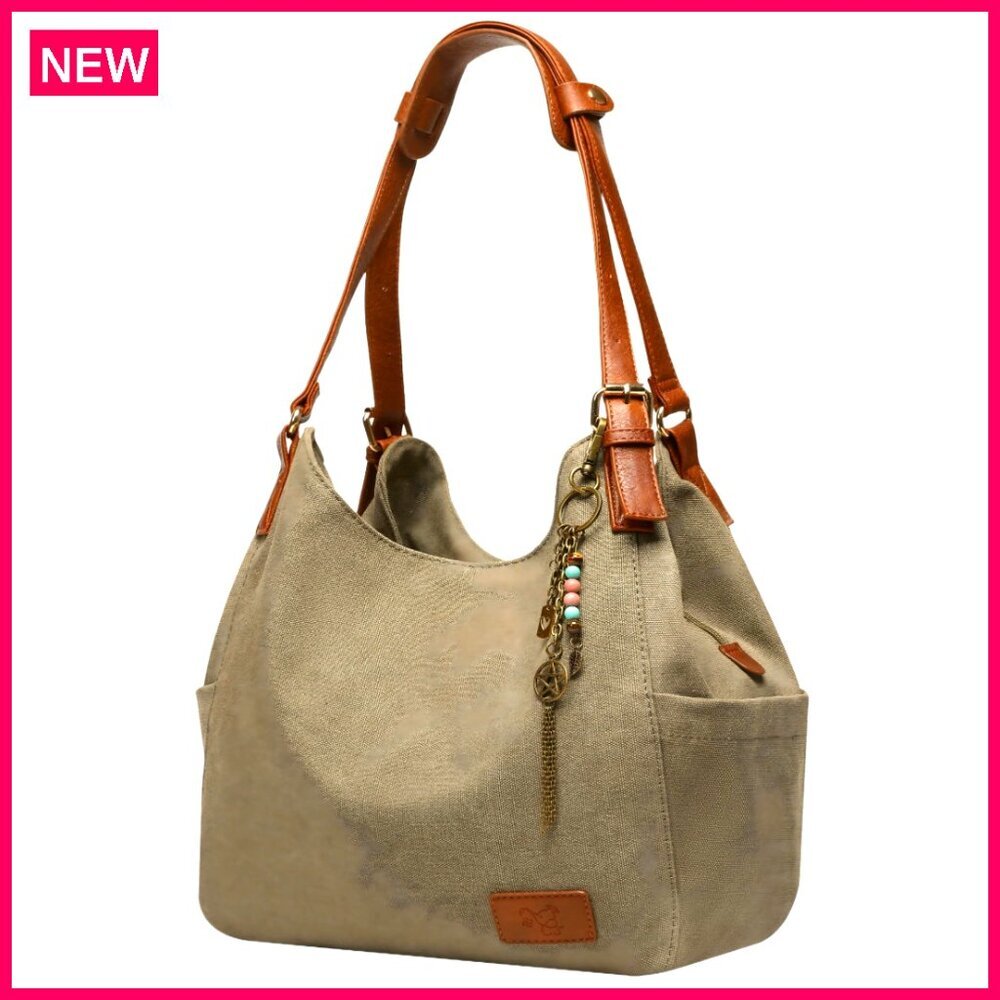 Large Canvas Hobo Tote With Embroidery, Multi Pocket Shoulder Bag